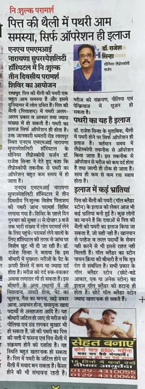 gallbladder Surgery Explained and Free Consultation offer at MMI Narayana Hospital, Raipur - Article by Dr. Rajesh Sinha