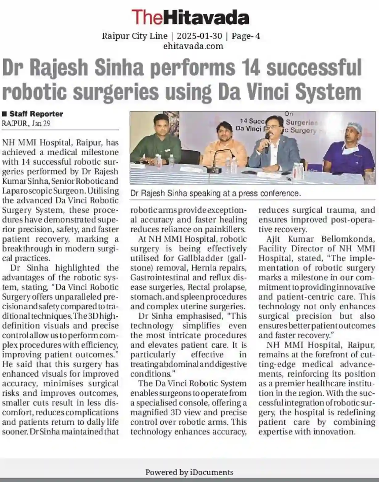 14 Robotic Surgery successfully done by Dr. Rajesh Sinha - Coverage by The Hitwada in January 2025